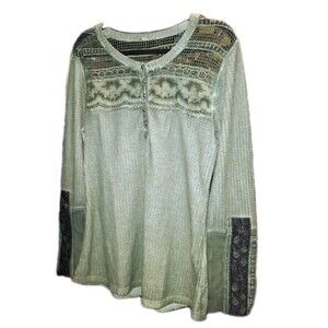 ARATTA SILENT JOURNEY MD Green ¼ Button Thermal Boho Henley Emb Cuffs L/S Shirt